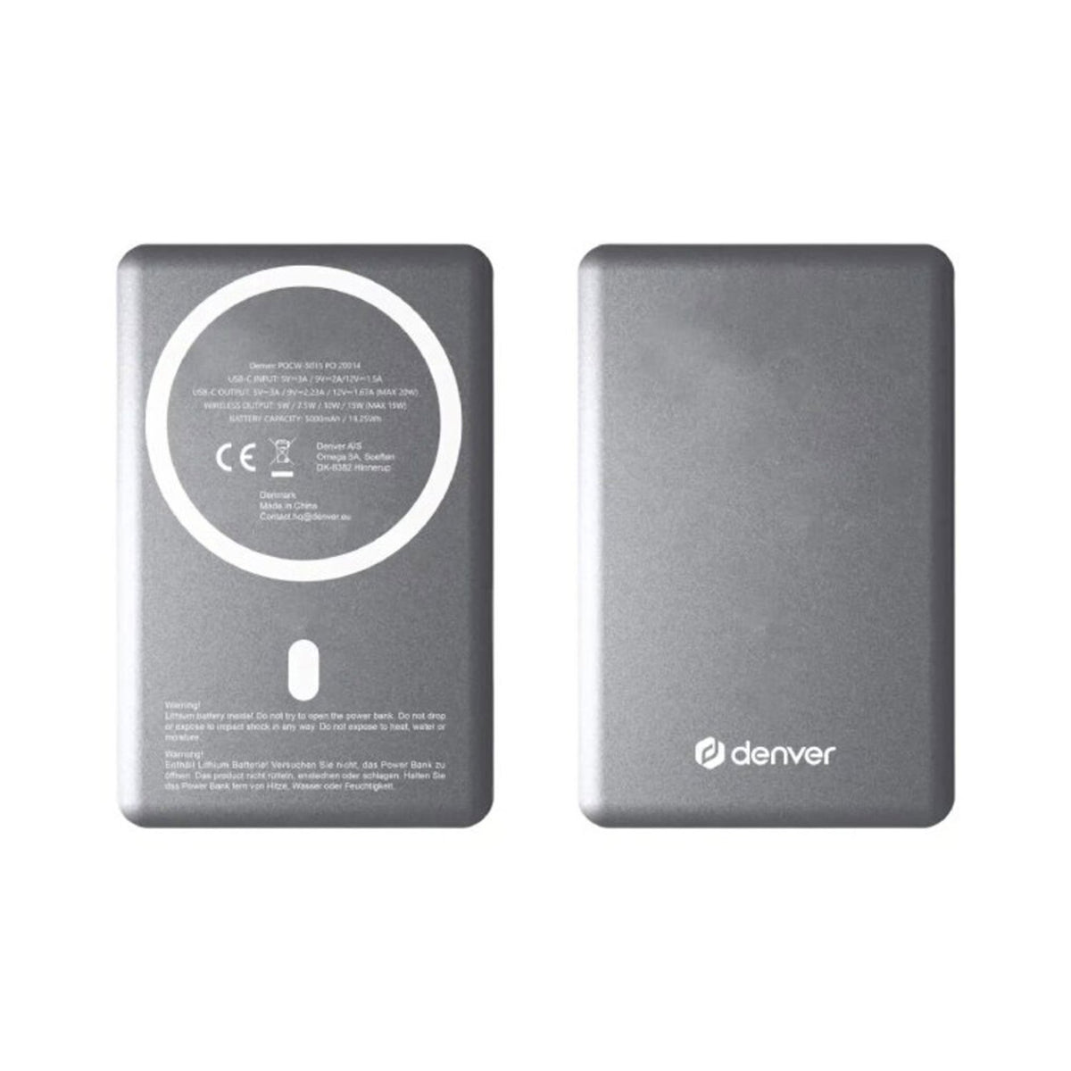 Denver PQCW-10015 Magnetisk Trådløs PowerBank - 15W / 10.000 mAh - MagSafe Kompatibel - Grå