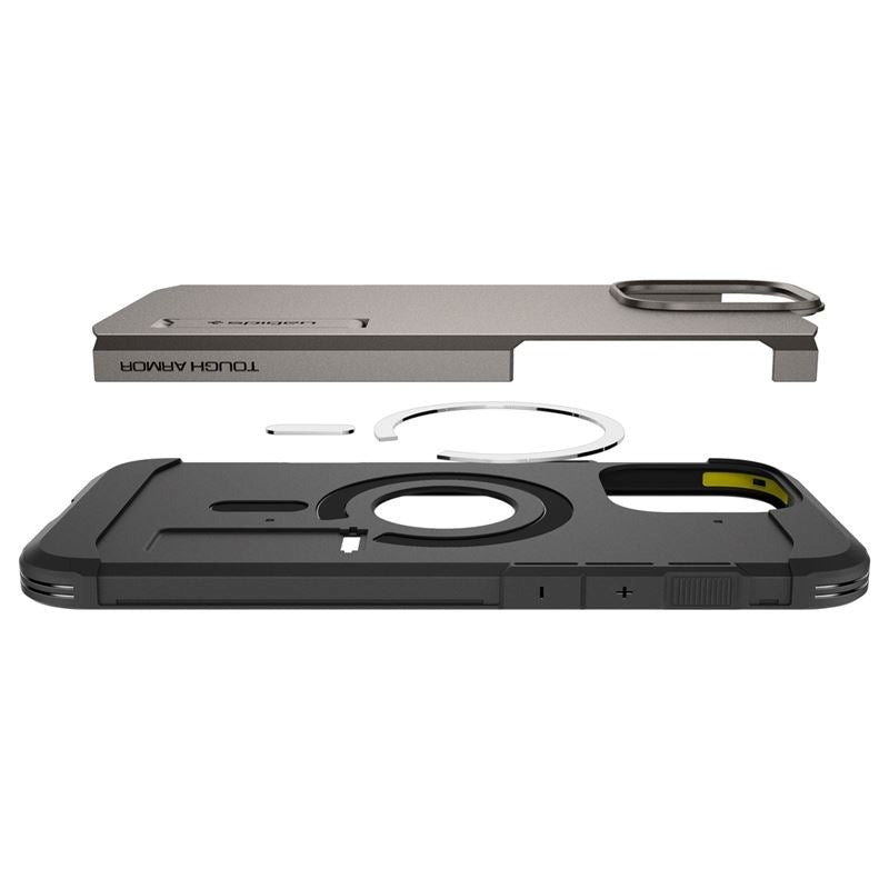 iPhone 16 Pro Spigen Tough Armor Deksel med Stativ - MagSafe Kompatibelt - Gunmetal