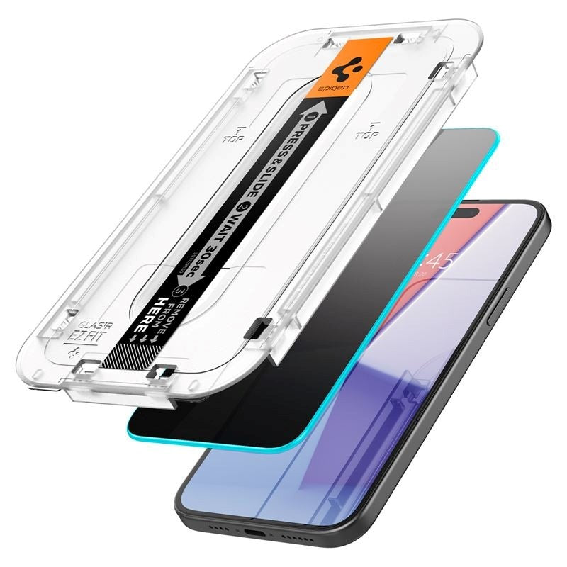 iPhone 16 Spigen EZ Fit Glas.tR Skjermbeskytter - Privacy Filter - Case Friendly - Gjennomsiktig