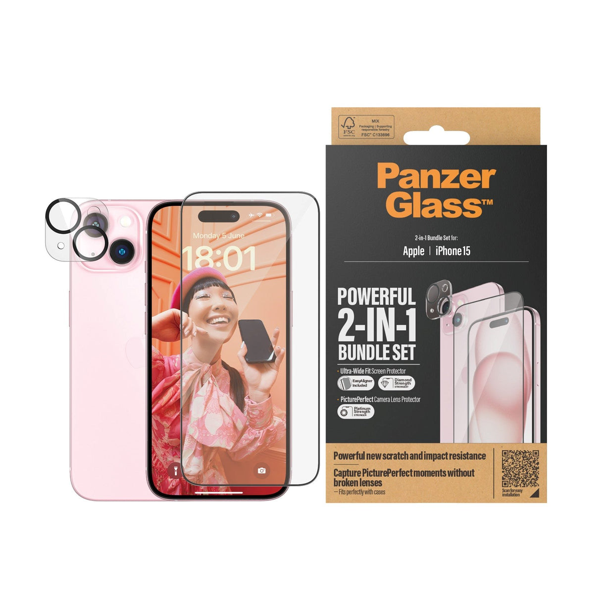 iPhone 15 PanzerGlass 2-i-1 Bundle m. EasyAligner - Skjermbeskyttelse (UWF) / Kamerabeskyttelse - Gjennomsiktig / Svart