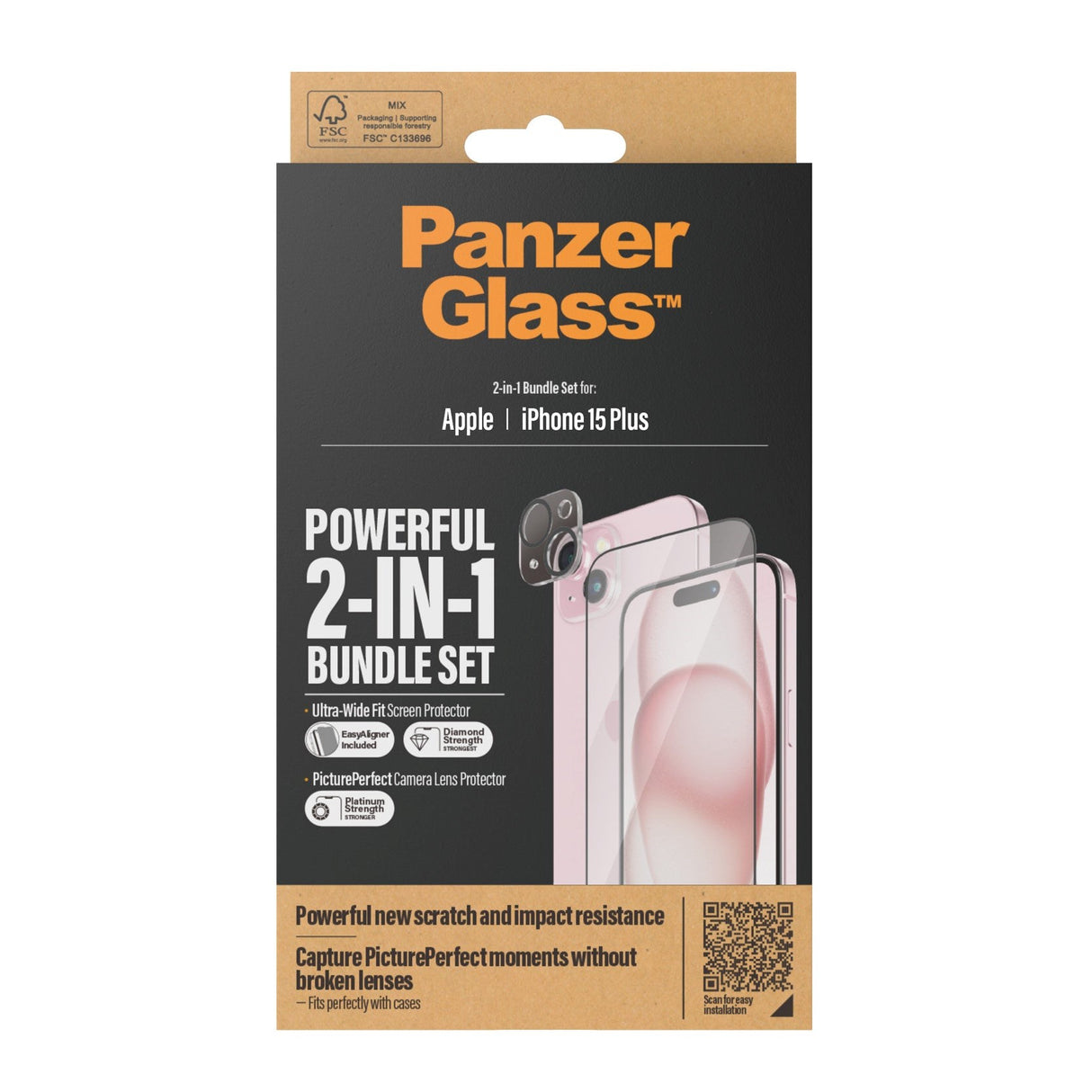 iPhone 15 Plus PanzerGlass 2-i-1 Bundle m. EasyAligner - Skjermbeskyttelse (UWF) / Kamerabeskyttelse - Gjennomsiktig / Svart