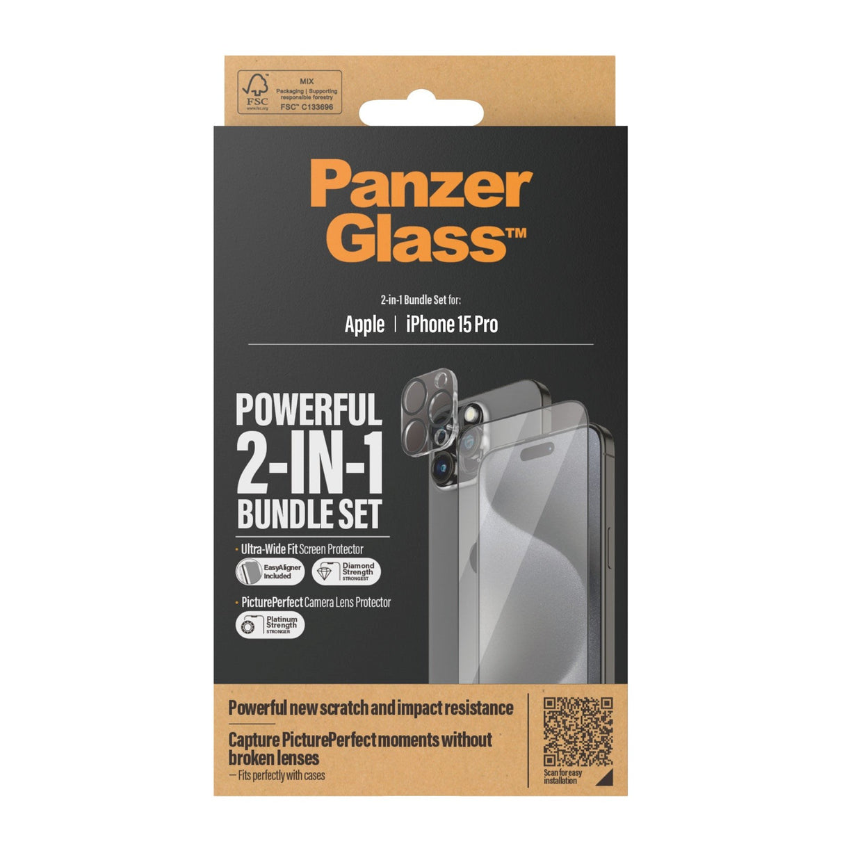 iPhone 15 Pro PanzerGlass 2-i-1 Bundle m. EasyAligner - Skjermbeskyttelse (UWF) / Kamerabeskyttelse - Gjennomsiktig / Svart