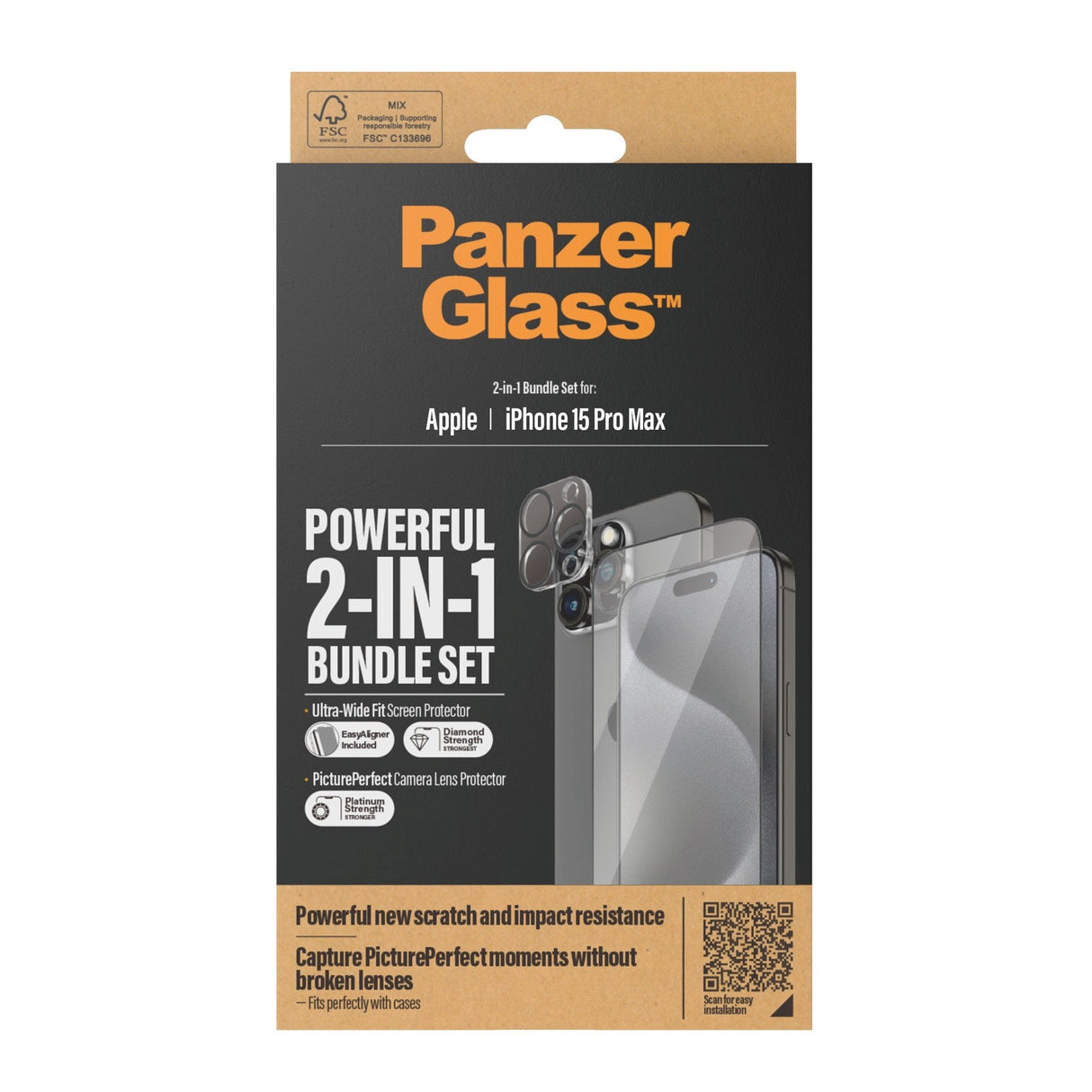 iPhone 15 Pro Max PanzerGlass 2-i-1 Bundle m. EasyAligner - Skjermbeskyttelse (UWF) / Kamerabeskyttelse - Gjennomsiktig / Svart