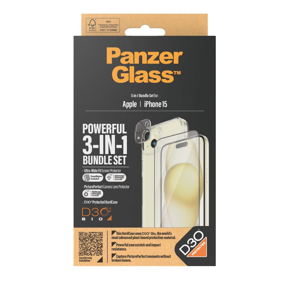 iPhone 15 PanzerGlass 3-i-1 Bundle m. EasyAligner - Skjermbeskyttelse (UWF) / Deksel / Kamerabeskyttelse - Gjennomsiktig / Svart