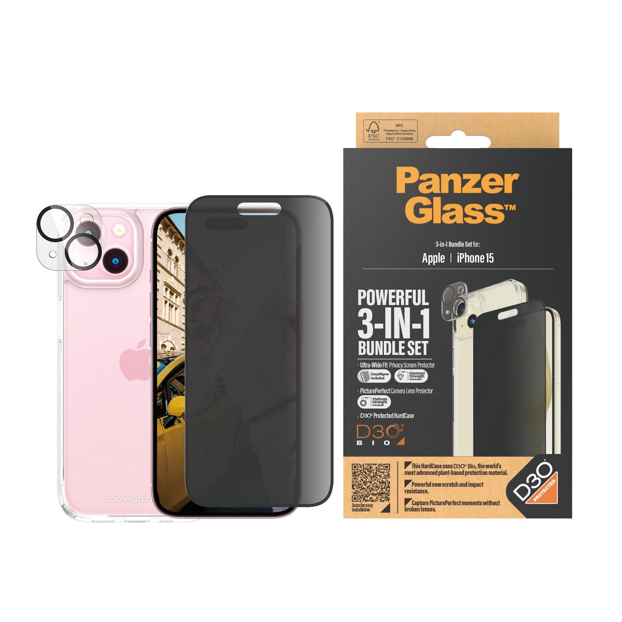 iPhone 15 PanzerGlass 3-i-1 Bundle m. EasyAligner - Privacy Skjermbeskyttelse (UWF) / Deksel / Kamerabeskyttelse - Gjennomsiktig / Svart