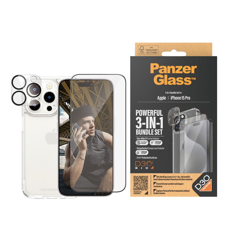 iPhone 15 Pro PanzerGlass 3-i-1 Bundle m. EasyAligner - Skjermbeskyttelse (UWF) / Deksel / Kamerabeskyttelse - Gjennomsiktig / Svart