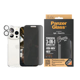 iPhone 15 Pro PanzerGlass 3-i-1 Bundle m. EasyAligner - Privacy Skjermbeskyttelse (UWF) / Deksel / Kamerabeskyttelse - Gjennomsiktig / Svart