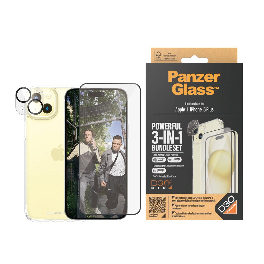 iPhone 15 Plus PanzerGlass 3-i-1 Bundle m. EasyAligner - Skjermbeskyttelse (UWF) / Deksel / Kamerabeskyttelse - Gjennomsiktig / Svart