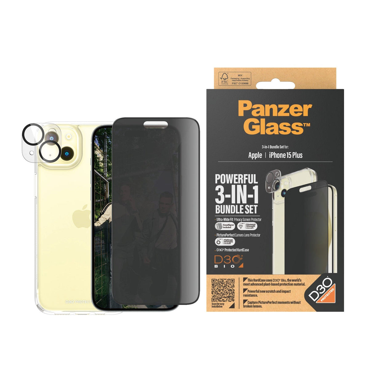 iPhone 15 Plus PanzerGlass 3-i-1 Bundle m. EasyAligner - Privacy Skjermbeskyttelse (UWF) / Deksel / Kamerabeskyttelse - Gjennomsiktig / Svart