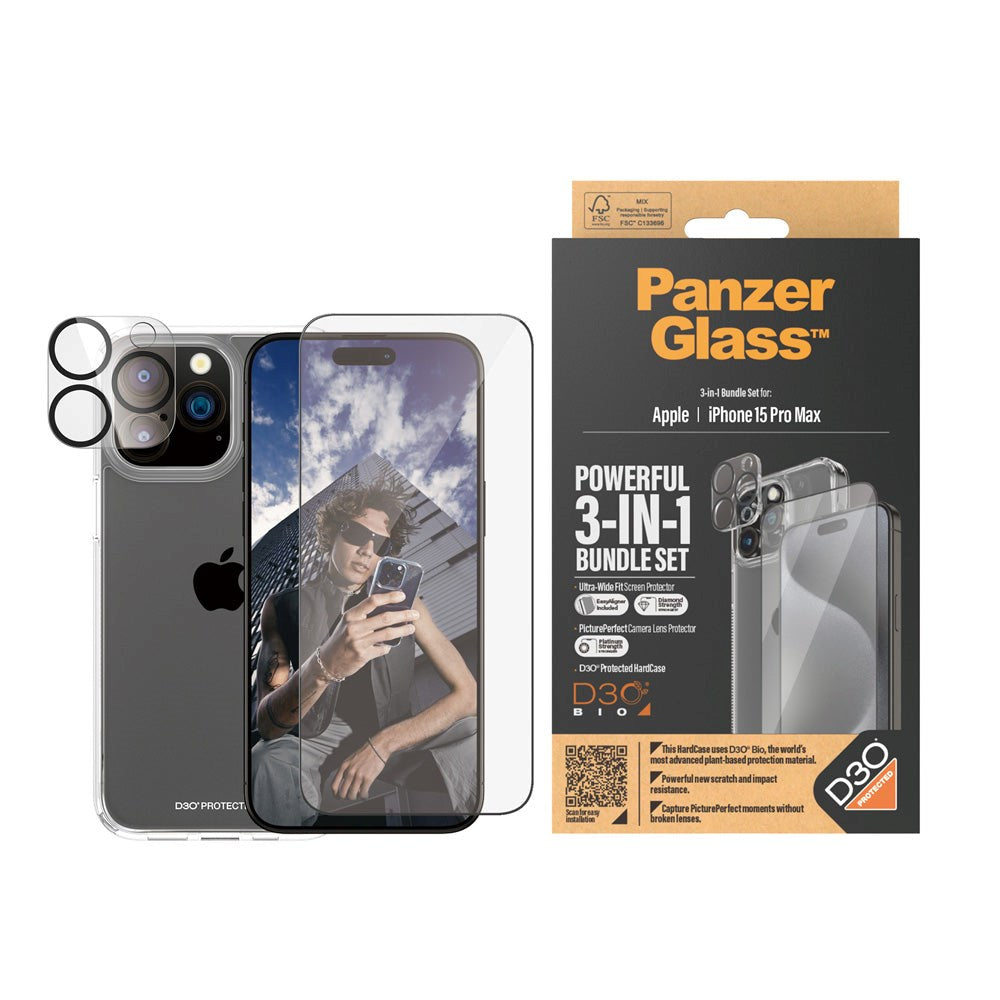 iPhone 15 Pro Max PanzerGlass 3-i-1 Bundle m. EasyAligner - Skjermbeskyttelse (UWF) / Deksel / Kamerabeskyttelse - Gjennomsiktig / Svart