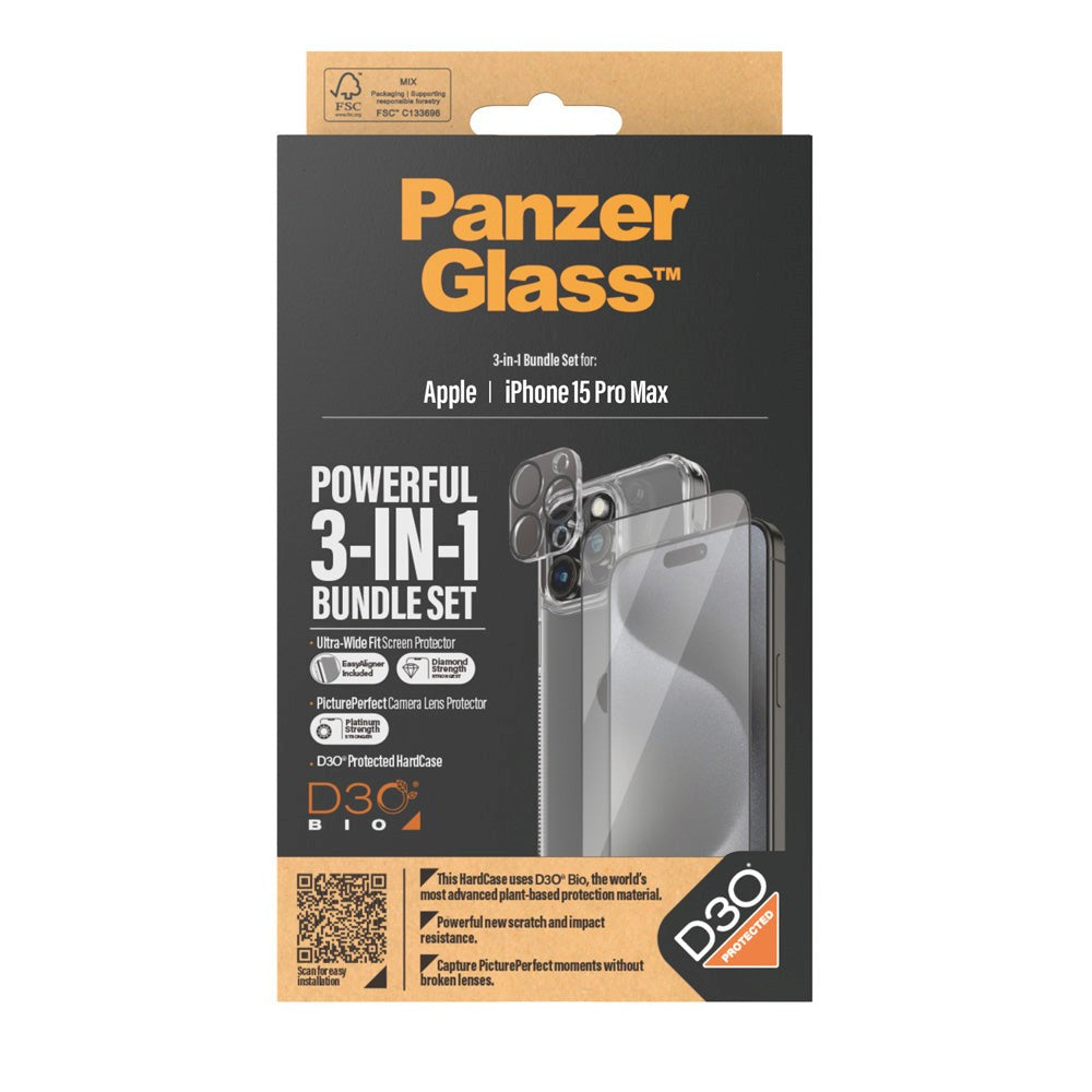 iPhone 15 Pro Max PanzerGlass 3-i-1 Bundle m. EasyAligner - Skjermbeskyttelse (UWF) / Deksel / Kamerabeskyttelse - Gjennomsiktig / Svart