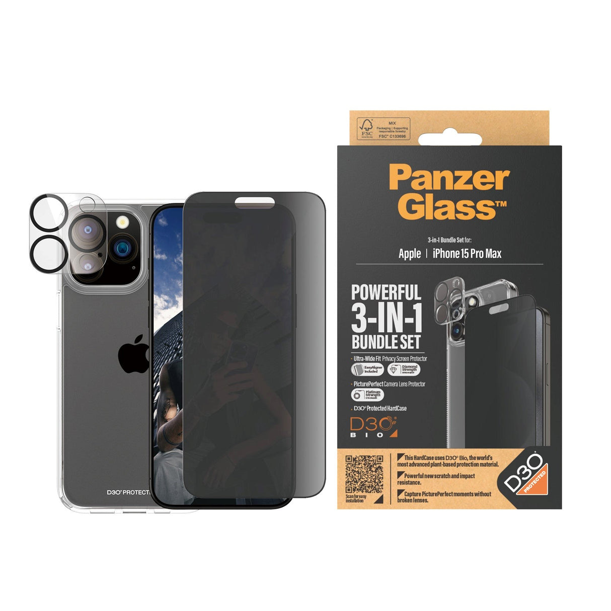 iPhone 15 Pro Max PanzerGlass 3-i-1 Bundle m. EasyAligner - Privacy Skjermbeskyttelse (UWF) / Deksel / Kamerabeskyttelse - Gjennomsiktig / Svart