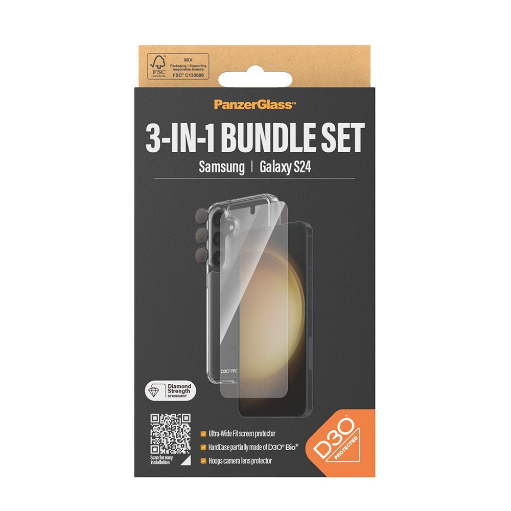 Samsung Galaxy S24 PanzerGlass 3-i-1-Bundle m. EasyAligner - Skjermbeskyttelse (UWF) / D3O Bio Hardcase-deksel / Hoops Kamerabeskyttelse - Gjennomsiktig / Svart