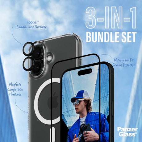 iPhone 16 PanzerGlass 3-i-1 Bundle m. EasyAligner - Skjermbeskyttelse (UWF) / Deksel / Kamerabeskyttelse - Gjennomsiktig / Svart