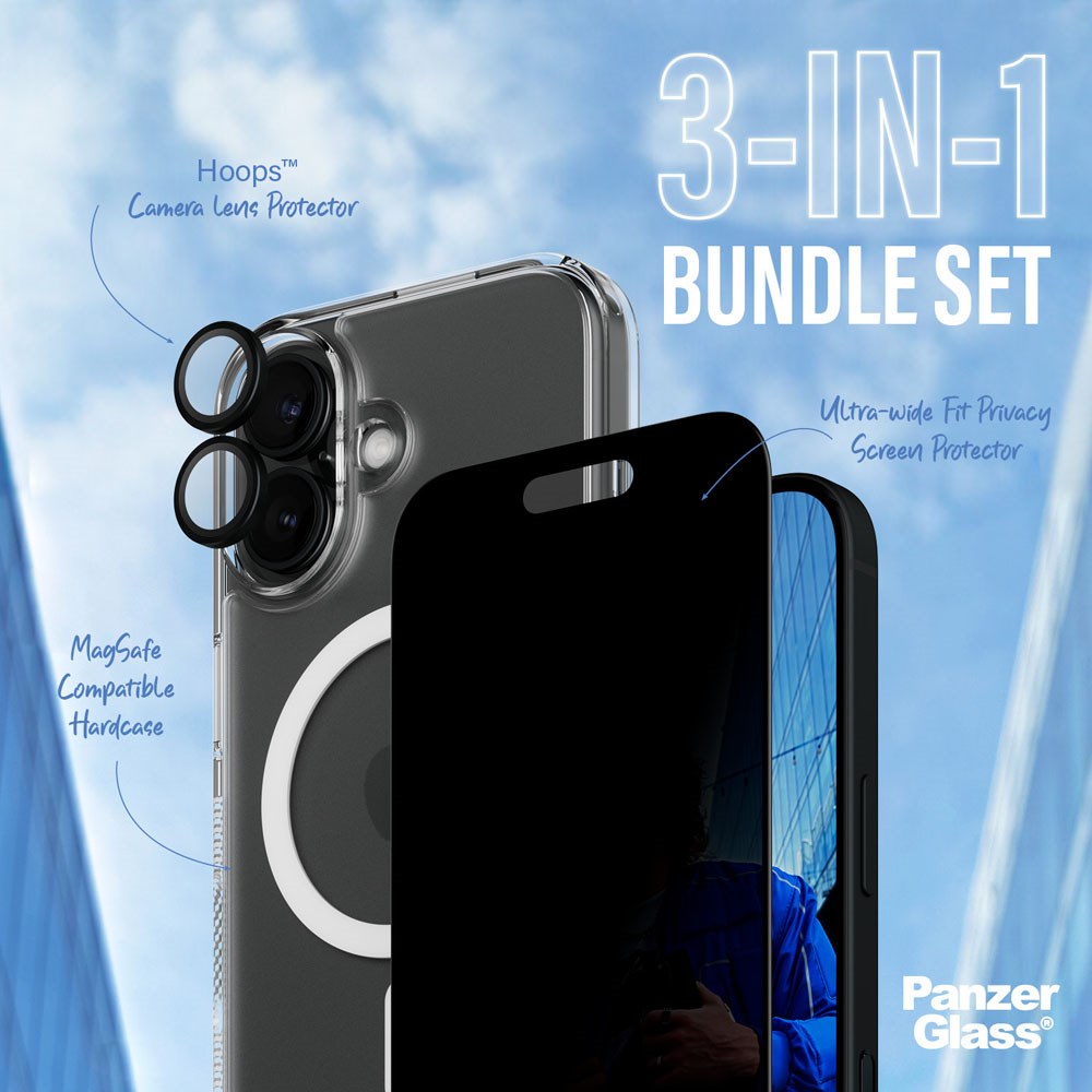 iPhone 16 PanzerGlass 3-i-1 Bundle m. EasyAligner - Privacy Skjermbeskyttelse (UWF) / Deksel / Kamerabeskyttelse - Gjennomsiktig / Svart