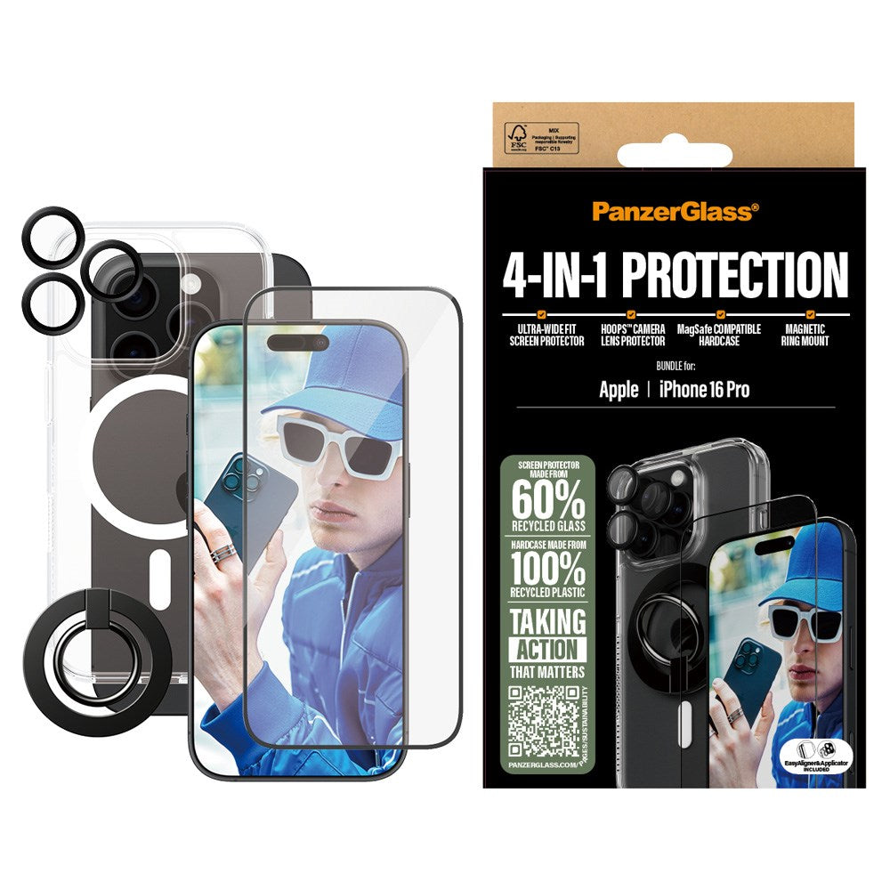 iPhone 16 Pro PanzerGlass 4-i-1 Bundle m. EasyAligner - Skjermbeskyttelse (UWF) / Deksel / Kamerabeskyttelse / Fingerring - Gjennomsiktig / Svart