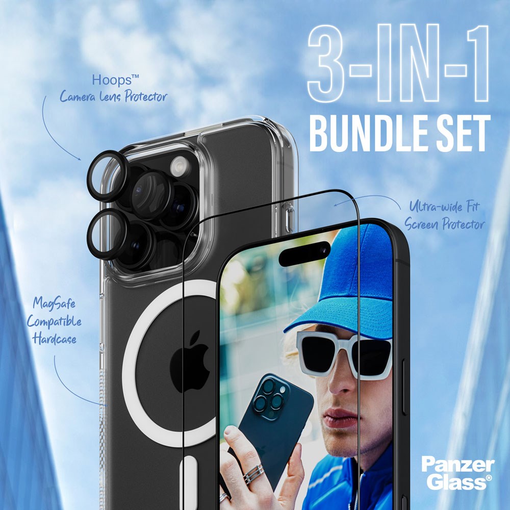 iPhone 16 Pro PanzerGlass 3-i-1 Bundle m. EasyAligner - Skjermbeskyttelse (UWF) / Deksel / Kamerabeskyttelse - Gjennomsiktig / Svart