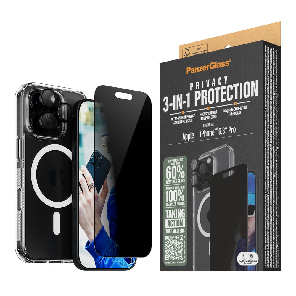 iPhone 16 Pro PanzerGlass 3-i-1 Bundle m. EasyAligner - Privacy Skjermbeskyttelse (UWF) / Deksel / Kamerabeskyttelse - Gjennomsiktig / Svart