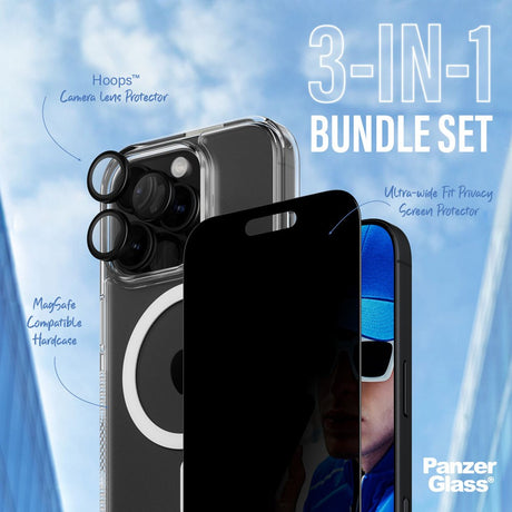 iPhone 16 Pro PanzerGlass 3-i-1 Bundle m. EasyAligner - Privacy Skjermbeskyttelse (UWF) / Deksel / Kamerabeskyttelse - Gjennomsiktig / Svart