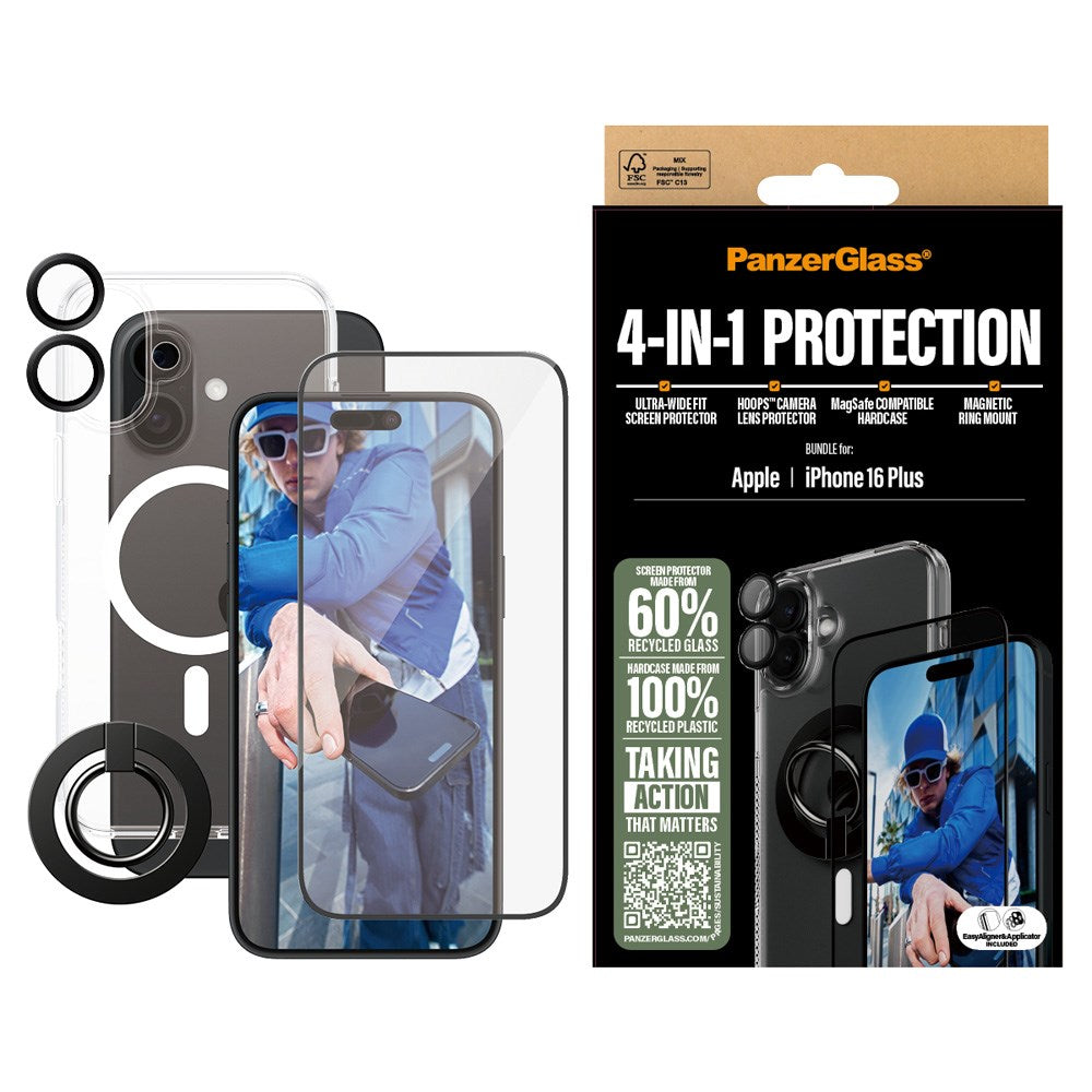 iPhone 16 Plus PanzerGlass 4-i-1 Bundle m. EasyAligner - Skjermbeskyttelse (UWF) / Deksel / Kamerabeskyttelse / Fingerring - Gjennomsiktig / Svart