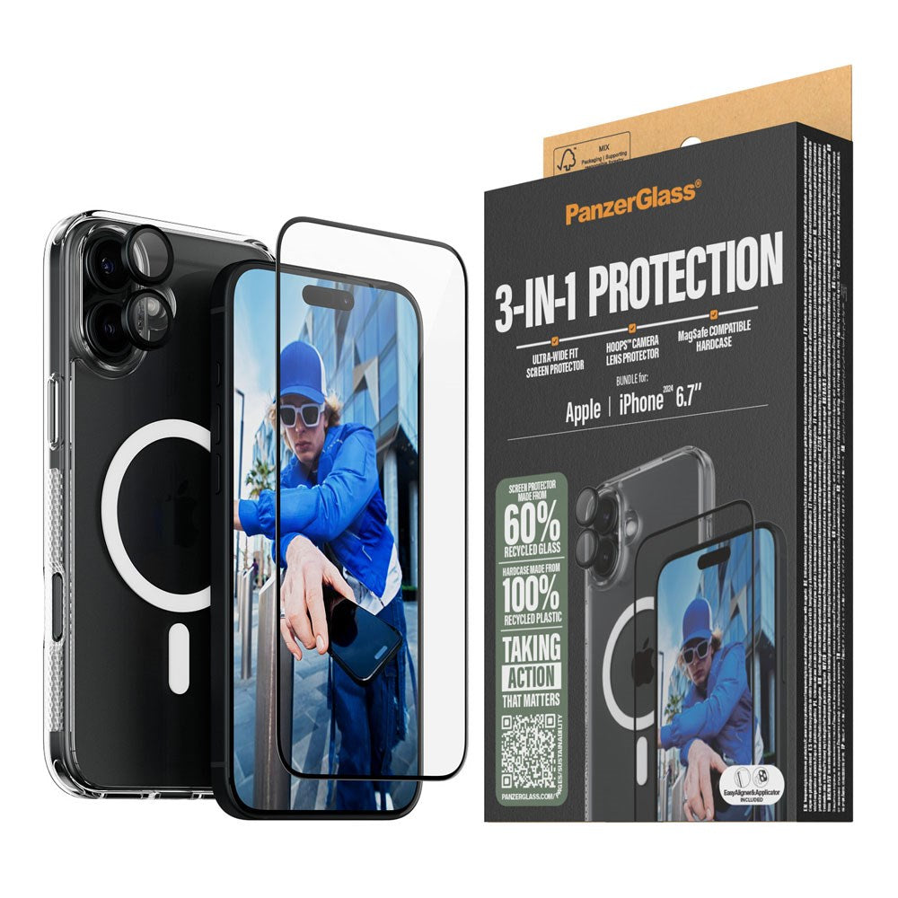 iPhone 16 Plus PanzerGlass 3-i-1 Bundle m. EasyAligner - Skjermbeskyttelse (UWF) / Deksel / Kamerabeskyttelse - Gjennomsiktig / Svart