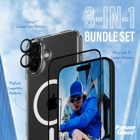 iPhone 16 Plus PanzerGlass 3-i-1 Bundle m. EasyAligner - Skjermbeskyttelse (UWF) / Deksel / Kamerabeskyttelse - Gjennomsiktig / Svart