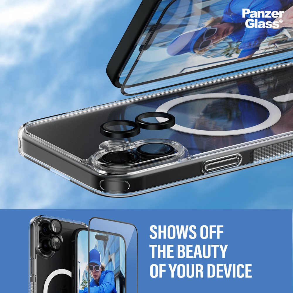 iPhone 16 Plus PanzerGlass 3-i-1 Bundle m. EasyAligner - Skjermbeskyttelse (UWF) / Deksel / Kamerabeskyttelse - Gjennomsiktig / Svart