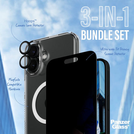 iPhone 16 Plus PanzerGlass 3-i-1 Bundle m. EasyAligner - Privacy Skjermbeskyttelse (UWF) / Deksel / Kamerabeskyttelse - Gjennomsiktig / Svart