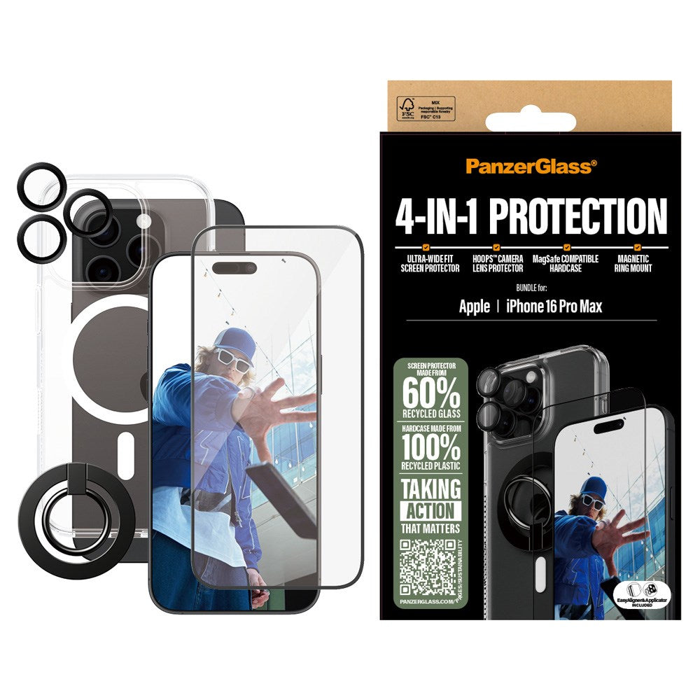 iPhone 16 Pro Max PanzerGlass 4-i-1 Bundle m. EasyAligner - Skjermbeskyttelse (UWF) / Deksel / Kamerabeskyttelse / Fingerring - Gjennomsiktig / Svart