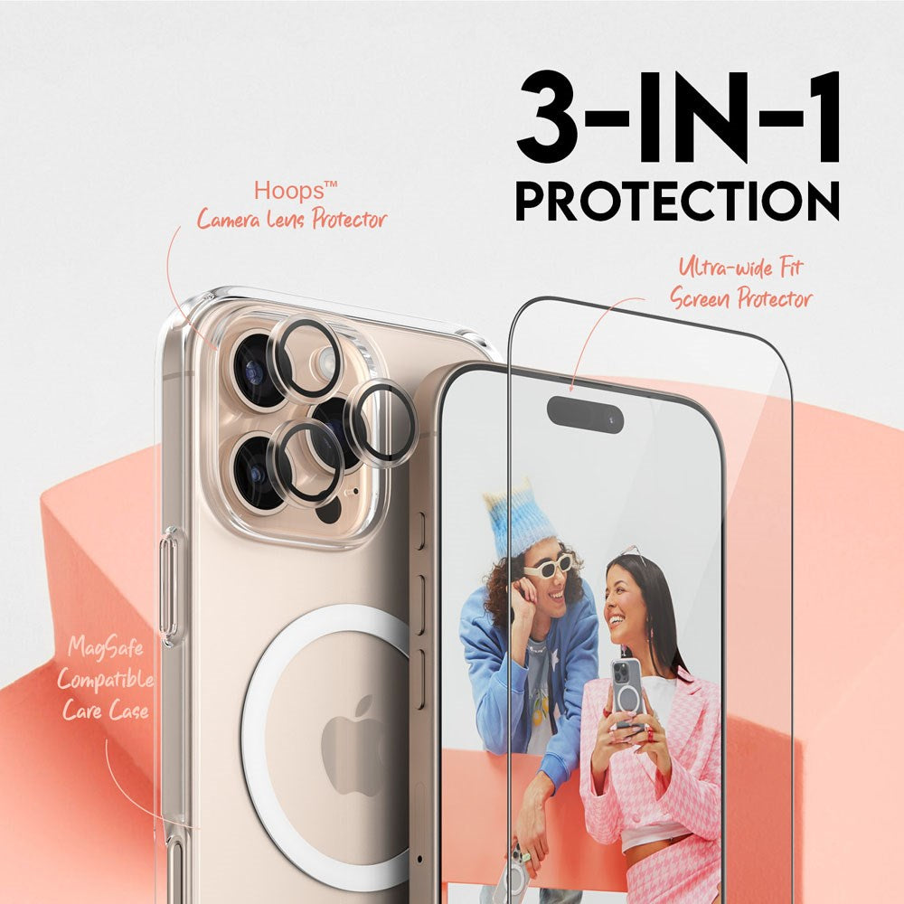 CARE By PanzerGlass iPhone 16 Pro Max 3-i-1 FLAGSHIP MagSafe Bundle - Skjermbeskyttelse (UWF) / Deksel / Kamerabeskyttelse - Gjennomsiktig / Hvit