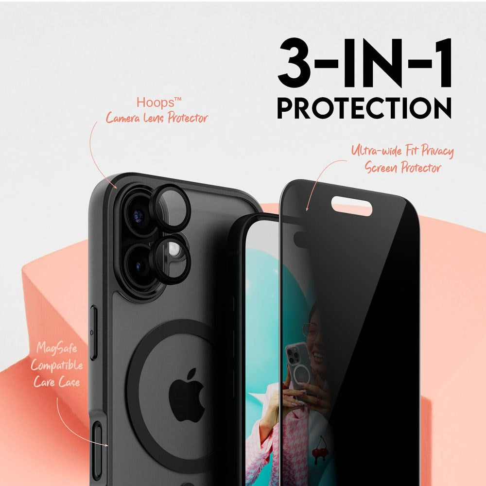CARE By PanzerGlass iPhone 16 3-i-1 FLAGSHIP MagSafe Bundle - Privacy Skjermbeskyttelse (UWF) / Deksel / Kamerabeskyttelse - Gjennomsiktig / Svart