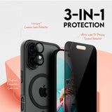 CARE By PanzerGlass iPhone 16 3-i-1 FLAGSHIP MagSafe Bundle - Privacy Skjermbeskyttelse (UWF) / Deksel / Kamerabeskyttelse - Gjennomsiktig / Svart