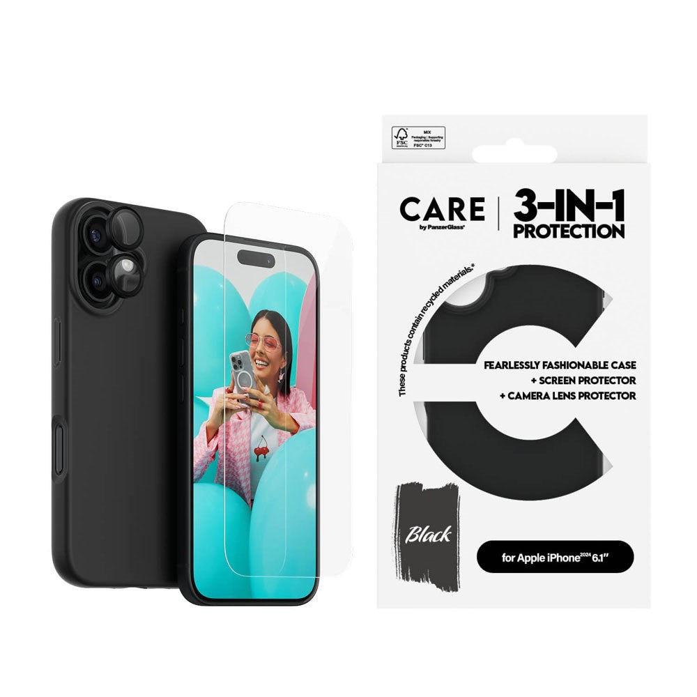 CARE By PanzerGlass iPhone 16 3-i-1 FASHION Bundle - Skjermbeskyttelse (UWF) / Deksel / Kamerabeskyttelse - Gjennomsiktig / Svart