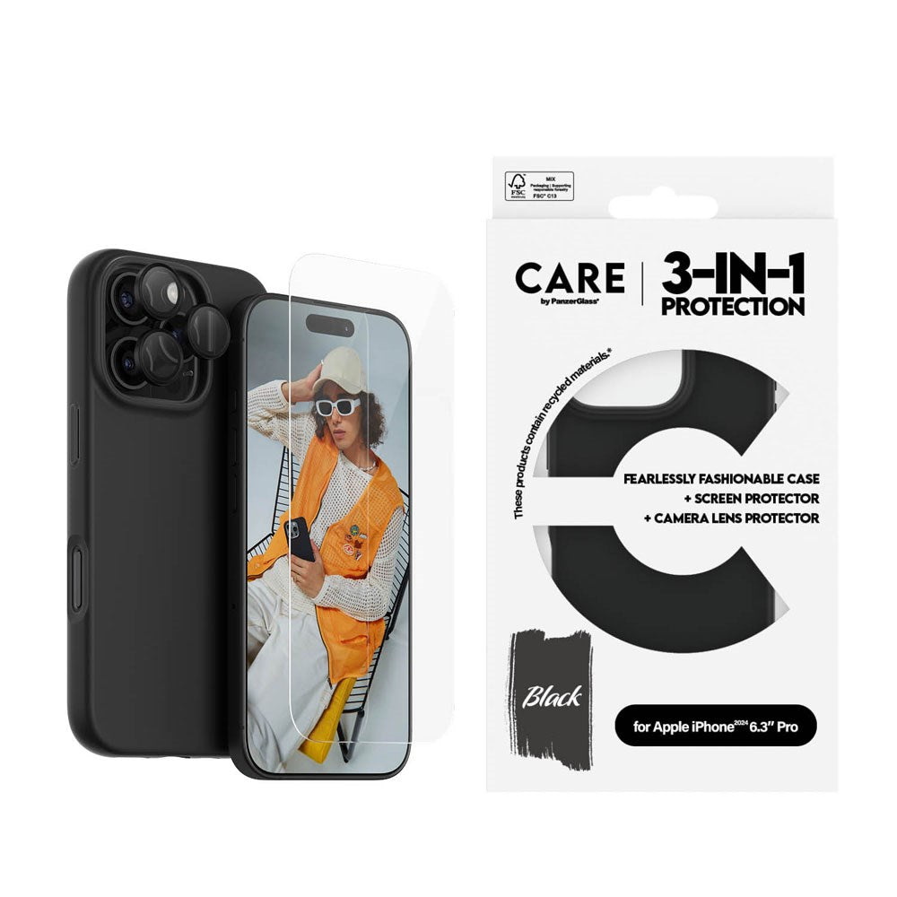 CARE By PanzerGlass iPhone 16 Pro 3-i-1 FASHION Bundle - Skjermbeskyttelse (UWF) / Deksel / Kamerabeskyttelse - Gjennomsiktig / Svart