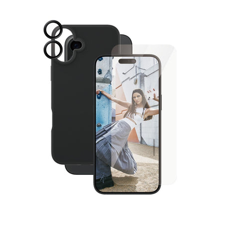 CARE By PanzerGlass iPhone 16 Plus 3-i-1 FASHION Bundle - Skjermbeskyttelse (UWF) / Deksel / Kamerabeskyttelse - Gjennomsiktig / Svart