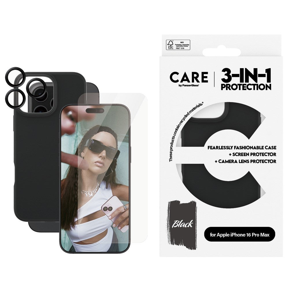 CARE By PanzerGlass iPhone 16 Pro Max 3-i-1 FASHION Bundle - Skjermbeskyttelse (UWF) / Deksel / Kamerabeskyttelse - Gjennomsiktig / Svart