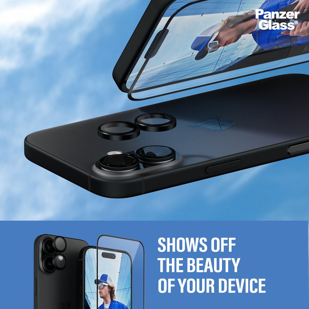 iPhone 16 PanzerGlass 2-i-1 Bundle m. EasyAligner - Skjermbeskyttelse (UWF) / Kamerabeskyttelse - Gjennomsiktig / Svart