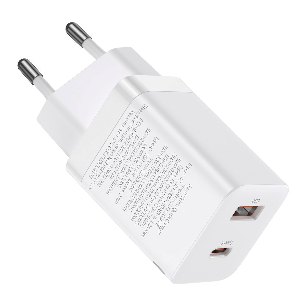 Baseus 30W Super Si Pro PD Vegglader USB-C & USB-A - Hvit