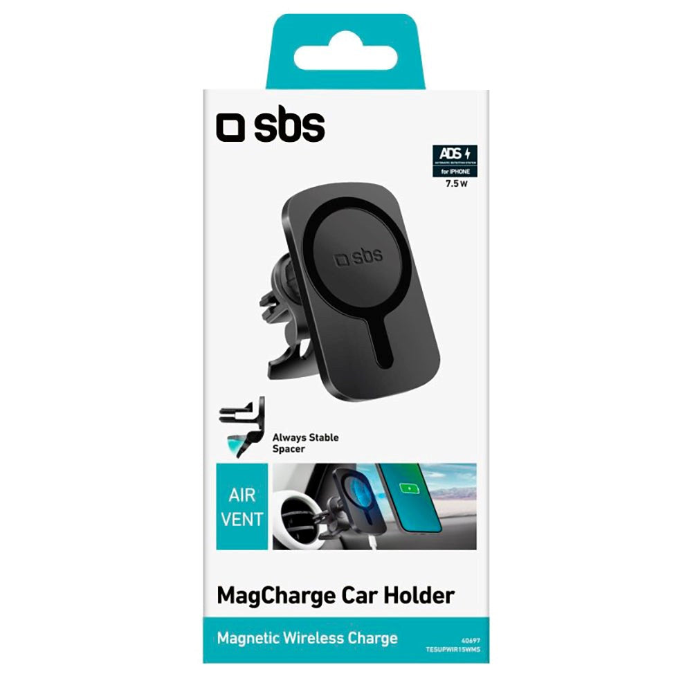 SBS MagCharge Mobilholder for Bilens Ventilasjon med Trådløs Lading 15W - MagSafe Kompatible - Svart