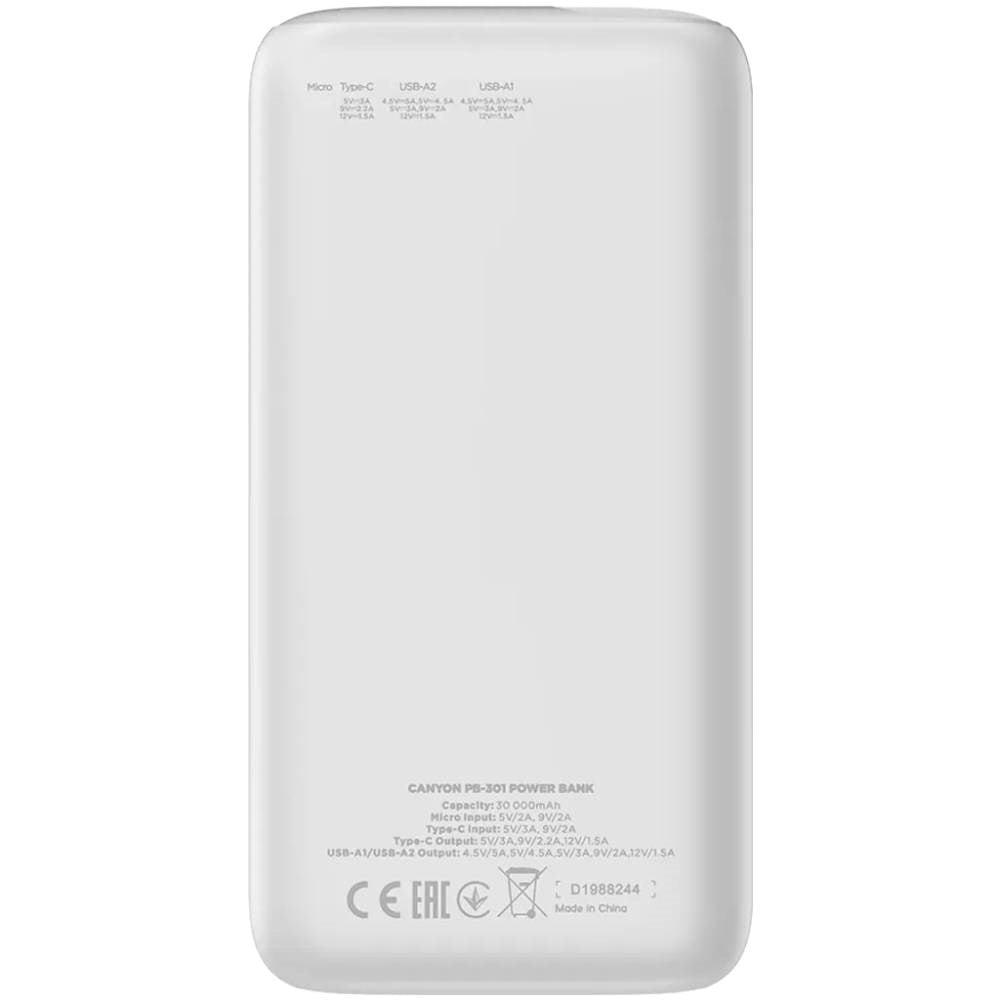 Canyon PB301 20W PowerBank - 30.000 mAh - Hvit