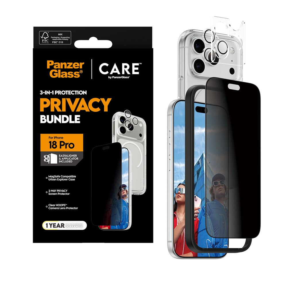 iPhone 18 Pro CARE by PanzerGlass 3-i-1 FLAGSHIP Bundle - Deksel / Privacy Skjermbeskyttelse (UWF) / Kamerabeskyttelse - Gjennomsiktig / Svart