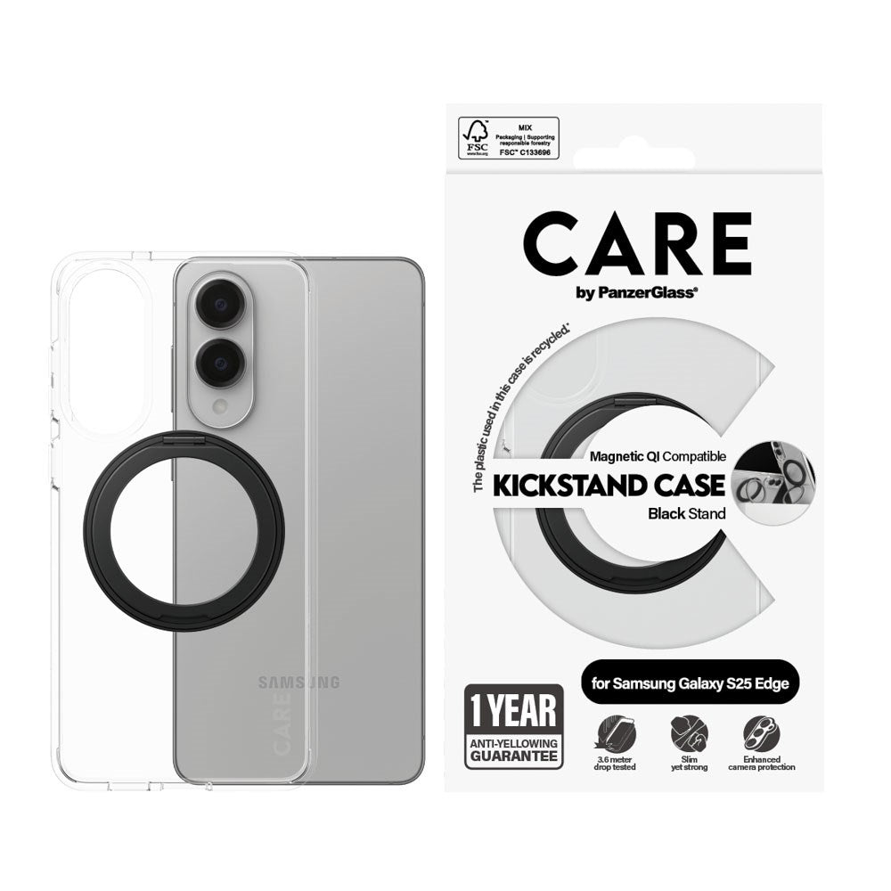 CARE by PanzerGlass Samsung Galaxy S25 Edge Feature Kickstand Deksel - MagSafe Kompatibel - Transparent / Black