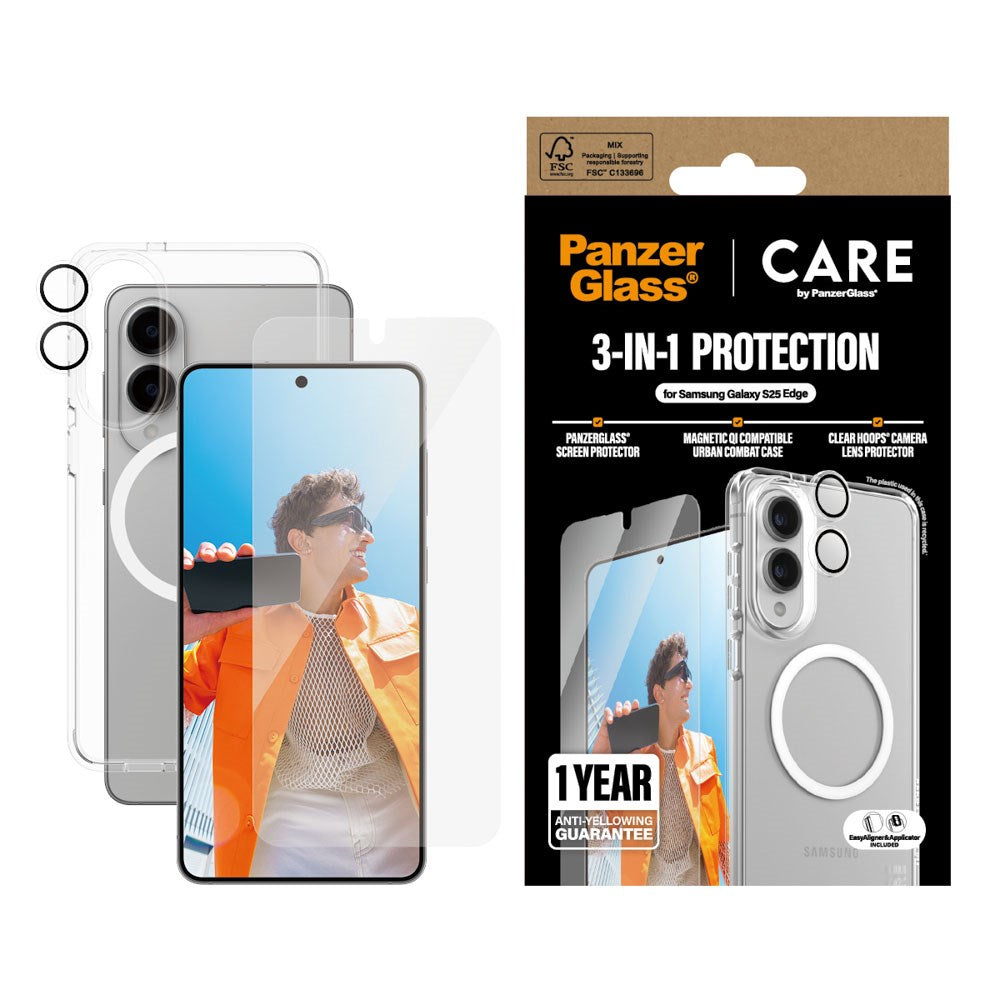 CARE by PanzerGlass Samsung Galaxy S25 Edge 3-i-1 FLAGSHIP Bundle - Deksel / Skjermbeskyttelse (UWF) / Kamerabeskyttelse - Gjennomsiktig / Hvit