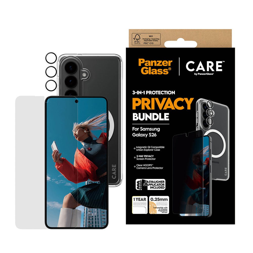 Samsung Galaxy S26 Urban Combat 3-in-1 Privacy Bundle med Deksel / Skjermbeskyttelse (Privacy) / Kamerabeskyttelse - Qi Kompatibel - Gjennomsiktig