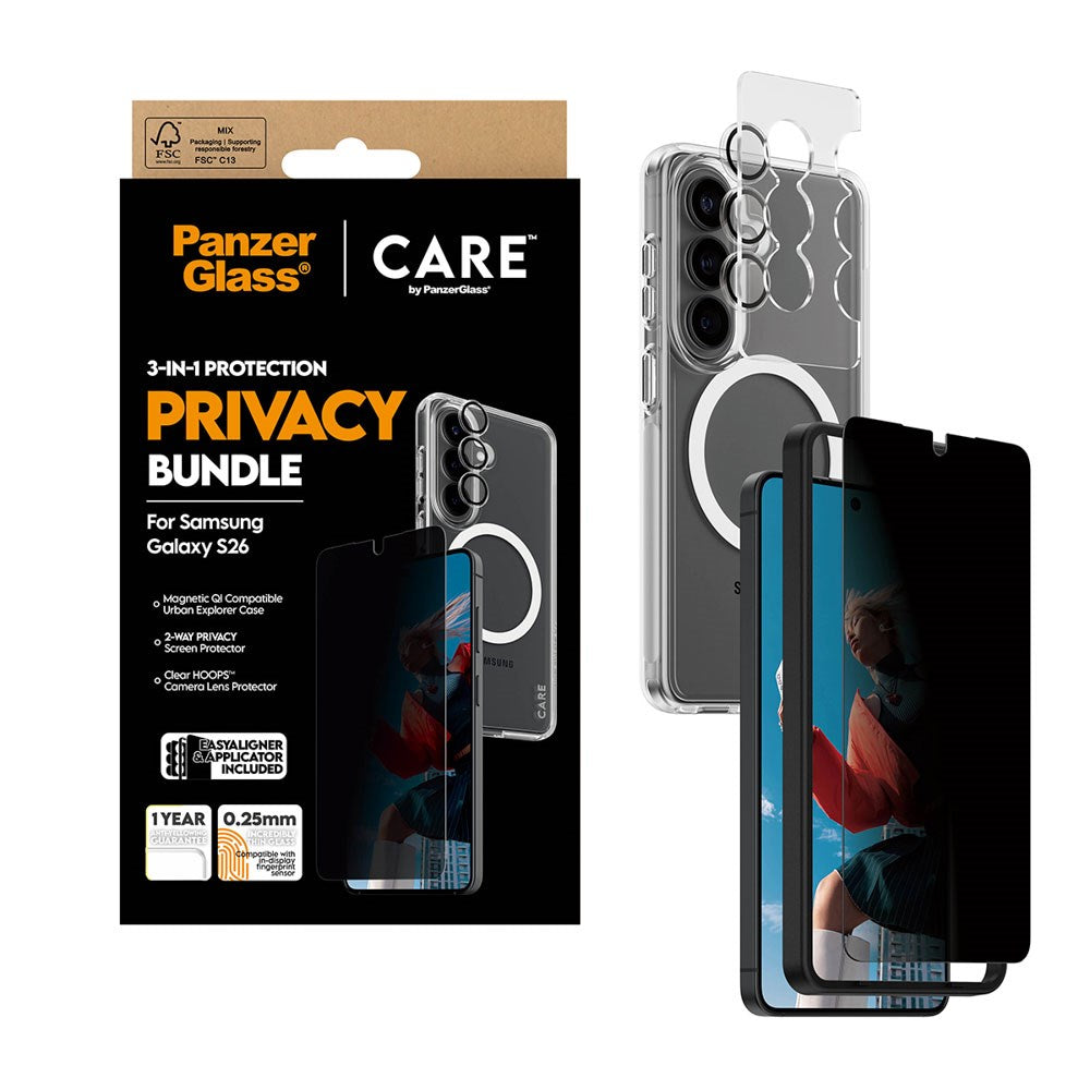 Samsung Galaxy S26 Urban Combat 3-in-1 Privacy Bundle med Deksel / Skjermbeskyttelse (Privacy) / Kamerabeskyttelse - Qi Kompatibel - Gjennomsiktig