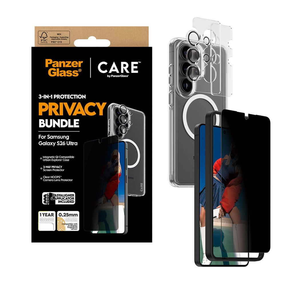 Samsung Galaxy S26 Ultra Urban Combat 3-in-1 Privacy Bundle med Deksel / Skjermbeskyttelse (Privacy) / Kamerabeskyttelse - Qi Kompatibel - Gjennomsiktig