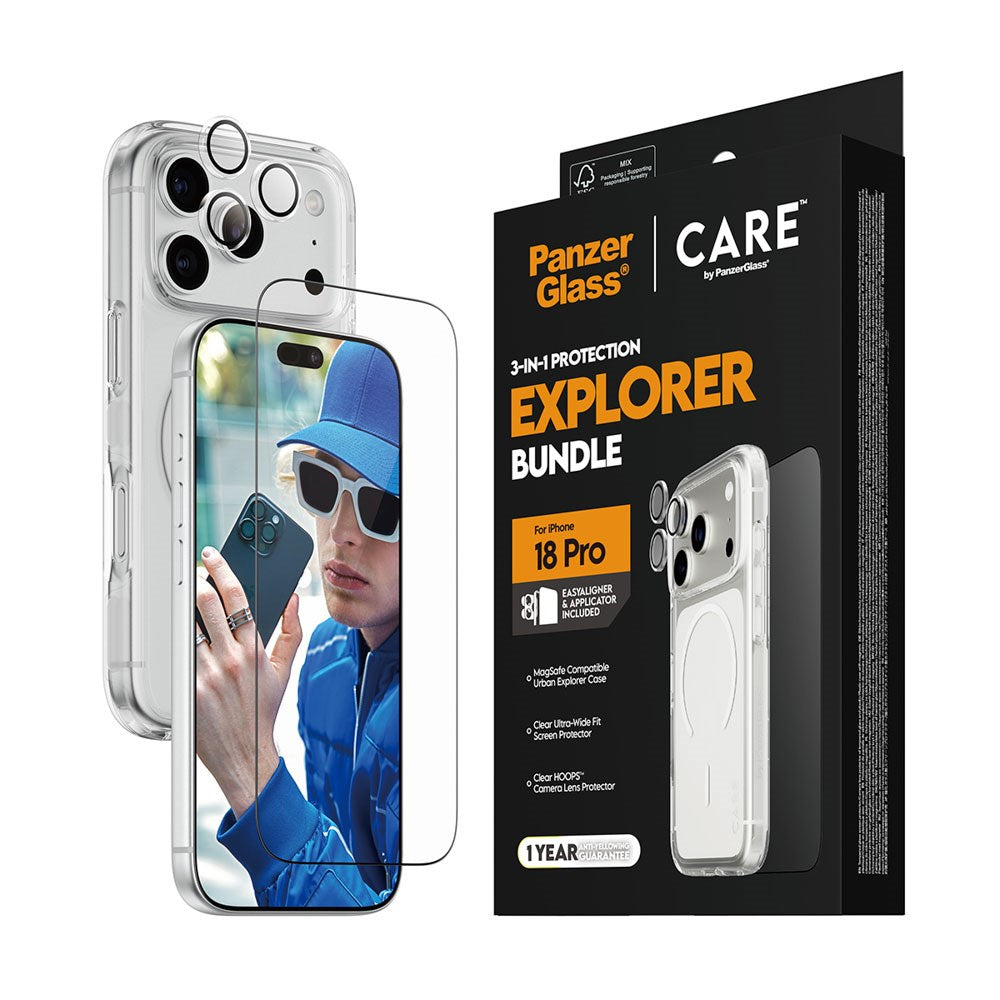 iPhone 18 Pro CARE By PanzerGlass 3-i-1 FLAGSHIP Bundle - Skjermbeskyttelse (UWF) / Deksel / Kamerabeskyttelse - Gjennomsiktig