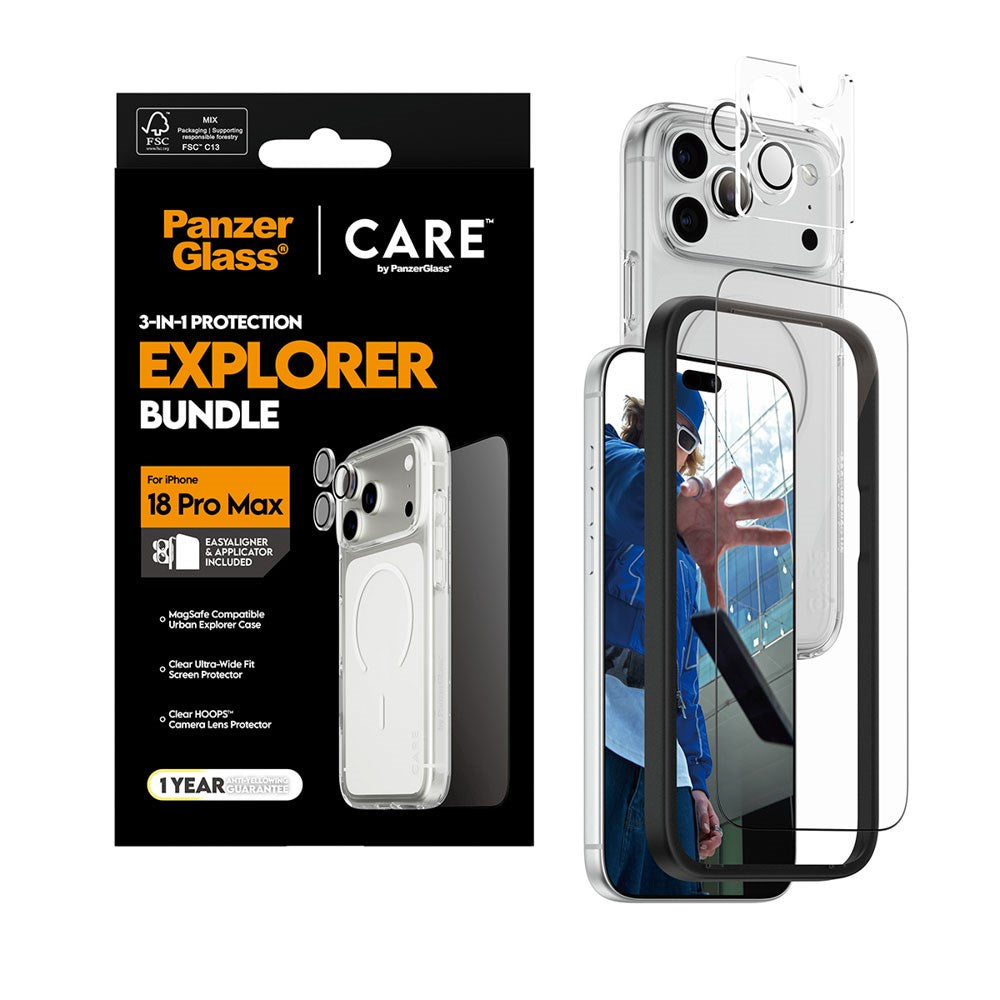 iPhone 18 Pro Max CARE By PanzerGlass 3-i-1 FLAGSHIP Bundle - Skjermbeskyttelse (UWF) / Deksel / Kamerabeskyttelse - Gjennomsiktig