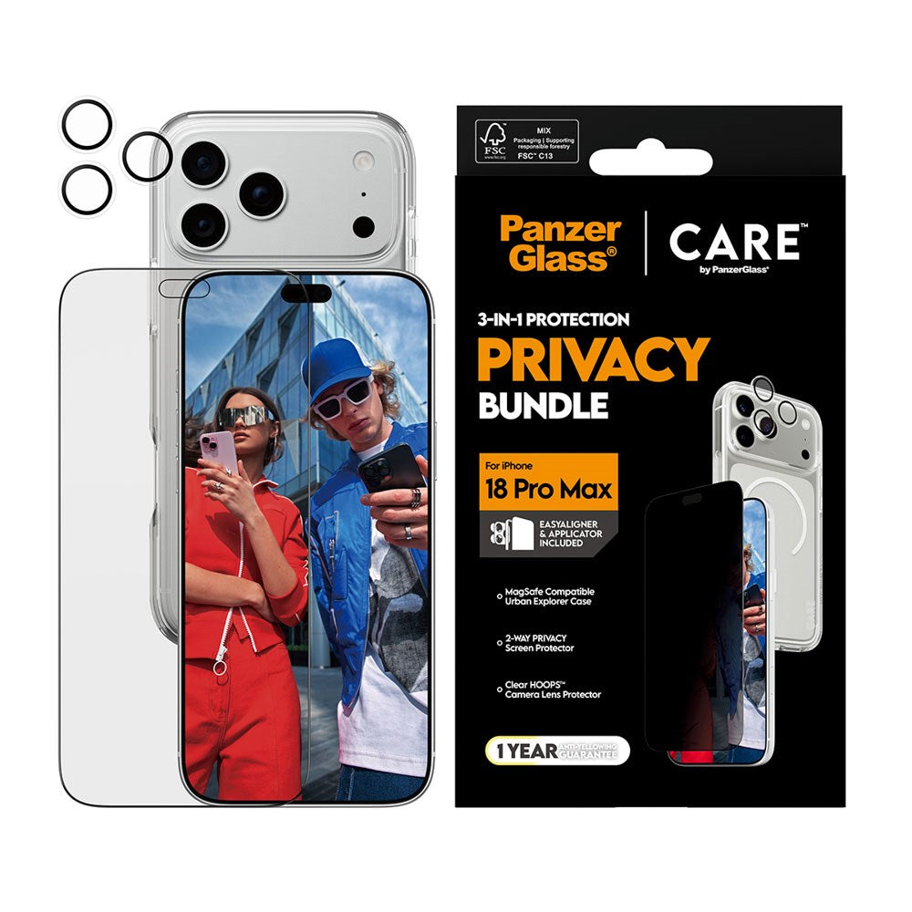 iPhone 18 Pro Max CARE by PanzerGlass 3-i-1 FLAGSHIP Bundle - Deksel / Privacy Skjermbeskyttelse (UWF) / Kamerabeskyttelse - Gjennomsiktig / Svart
