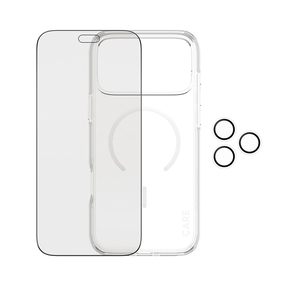 iPhone 18 Pro Max CARE by PanzerGlass 3-i-1 FLAGSHIP Bundle - Deksel / Privacy Skjermbeskyttelse (UWF) / Kamerabeskyttelse - Gjennomsiktig / Svart
